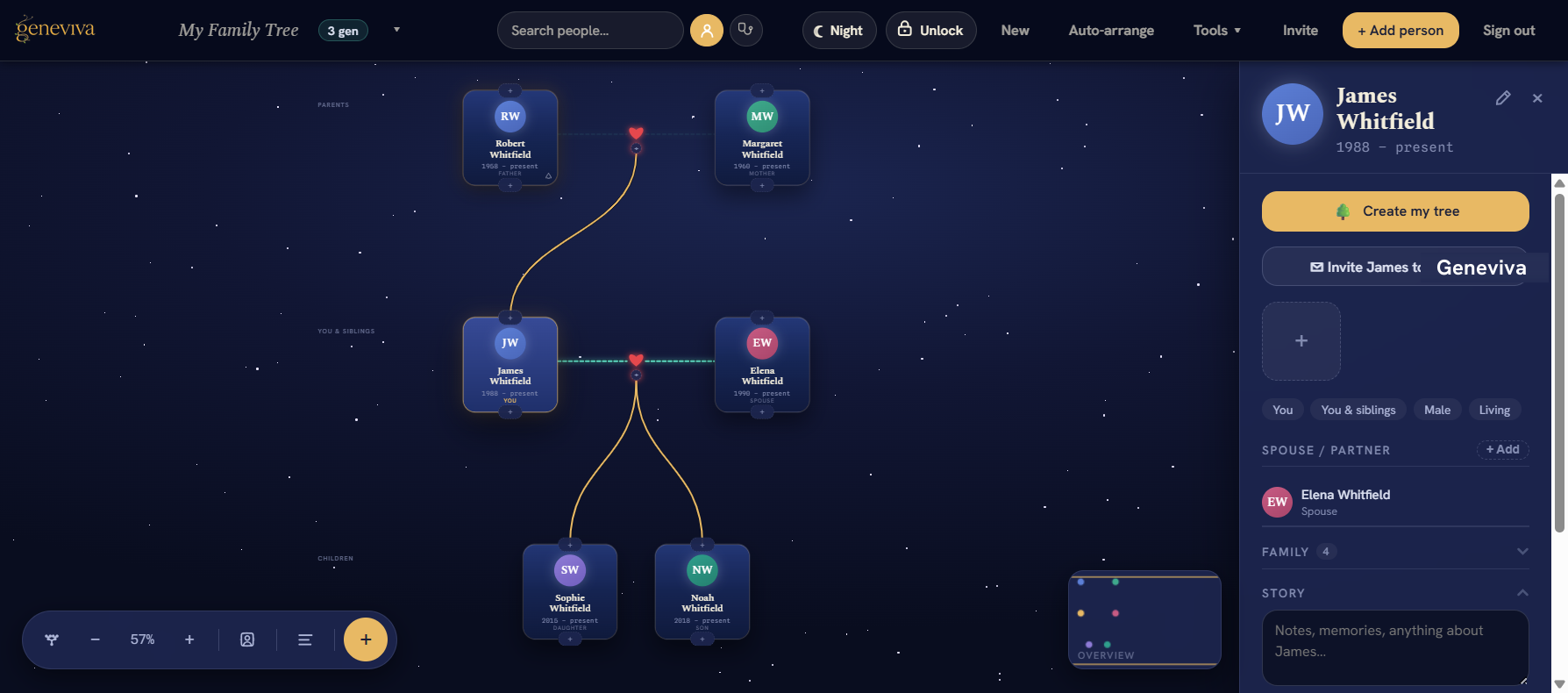 Geneviva family tree on desktop — generations of relatives as connected cards on a night-sky canvas